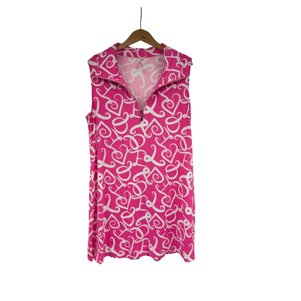 Lulu-B Pink White Heart Print Quarter Zip Sleeveless Golf Tennis Dress UPXL